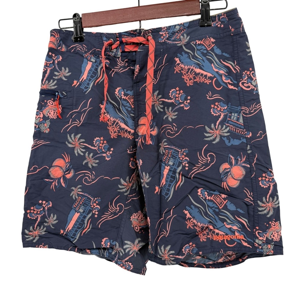 Patagonia Wavefarer Board Shorts Mens 28 Blue Tropical Tacos Print Swim Trunks
